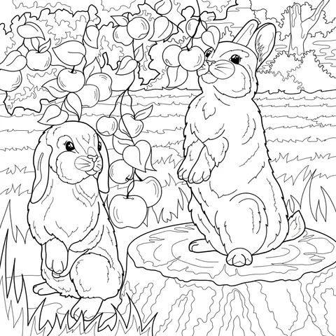 Two Rabbits beside the Stump