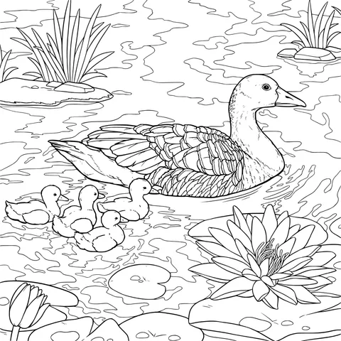 Mother duck and ducklings in the pond