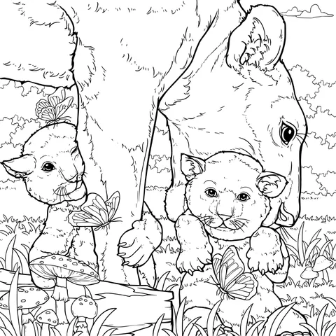 Mother bear and cubs on the grass