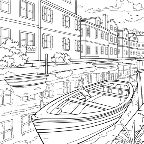Colorful Boats and Buildings by the River
