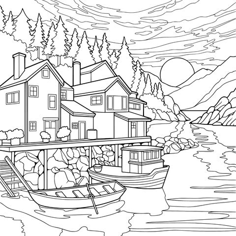 湖畔黄昏中的小屋与船只