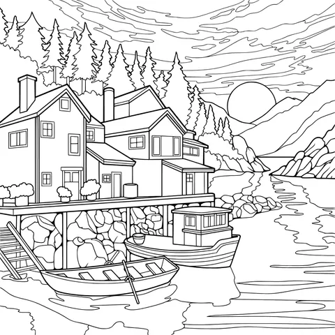 Houses and Boats by the Lake at Dusk