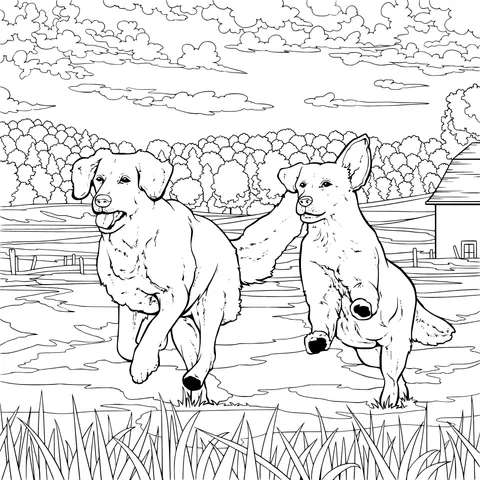 Two dogs running in a field
