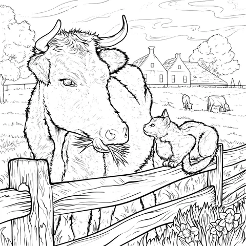 Interaction between a Cow and a Cat on the Ranch