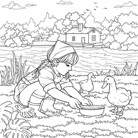 Girl feeding ducks outdoors