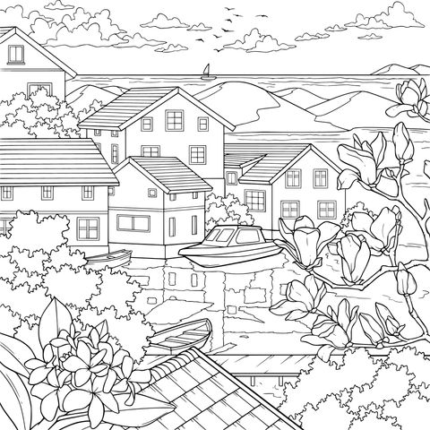 湖畔花艳的民居风景
