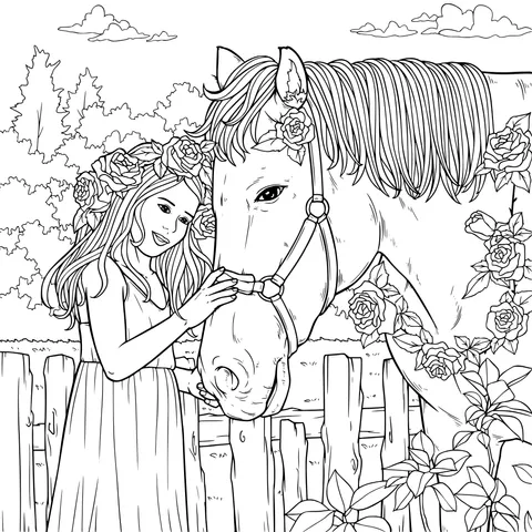 Girl and the horse decorated with flowers