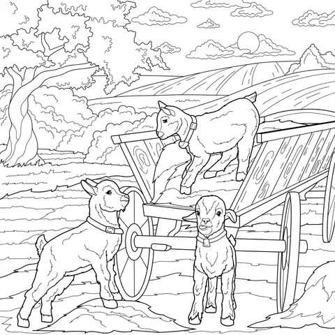 Little Goats and a Wooden Cart in the Field