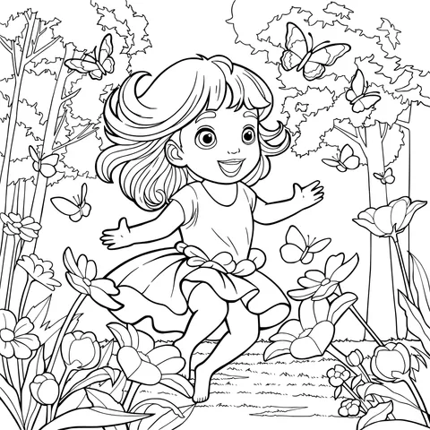 Girl playing with butterflies among the flowers