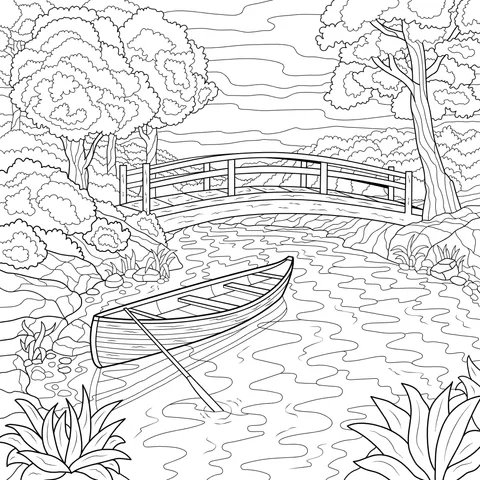 Wooden Boat and Red Bridge by the River