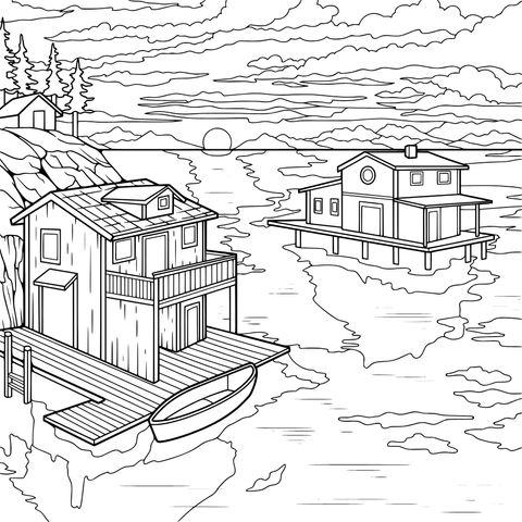 湖畔夕阳下的小屋