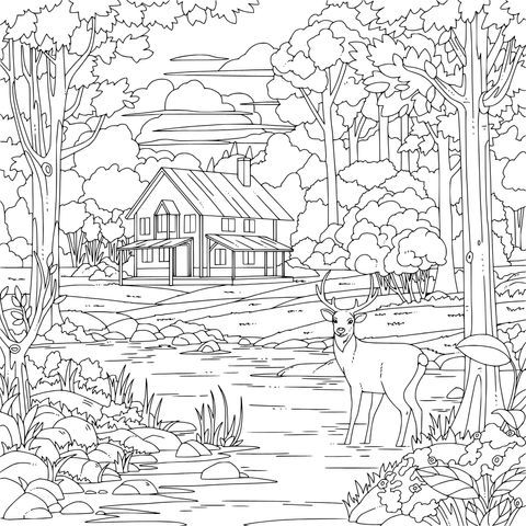 森林中的溪边小屋与鹿