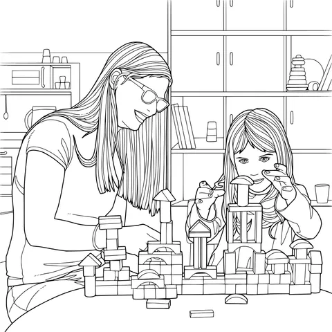 Mother and daughter playing with building - blocks together