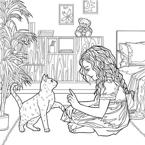 女孩与猫咪的互动时光