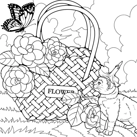 Cat and Butterfly beside the Flower Basket