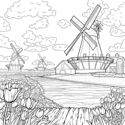 Rural Windmills and Flower Sea