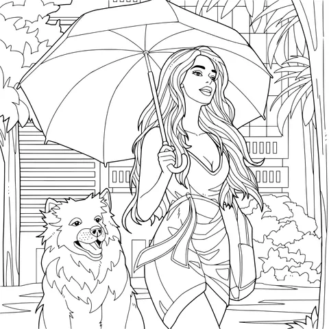 Woman walking a dog with an umbrella