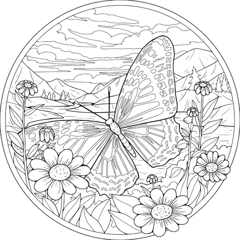 Butterfly among Flowers and Landscape