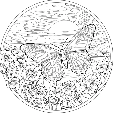 Butterfly amidst flowers and sunset beauty