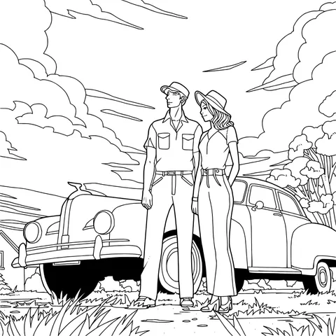Man and woman beside a vintage car