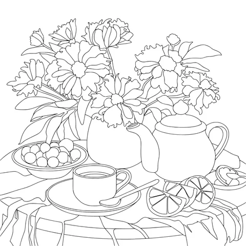 Still - life of Flowers and Tea Sets