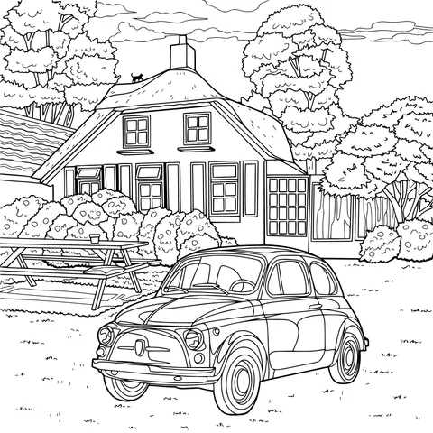A Red Car beside a Country Cottage