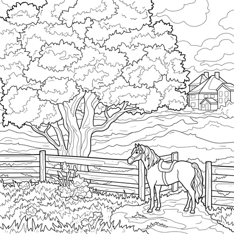 A Horse and a Big Tree in the Countryside