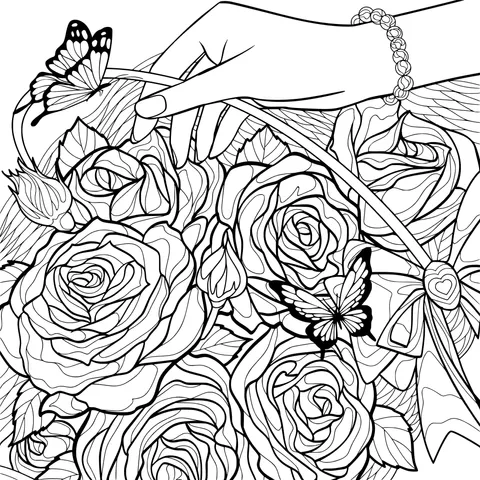 Holding colorful roses and butterflies