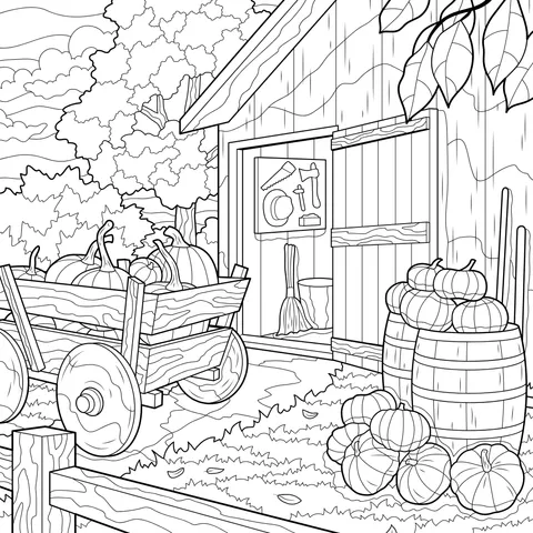 Pumpkins beside the farmhouse in autumn