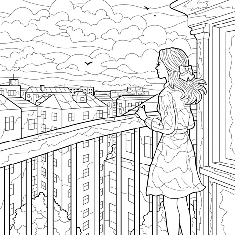 Girl overlooking the city from the balcony