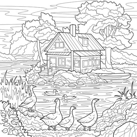 湖畔小屋与鹅群