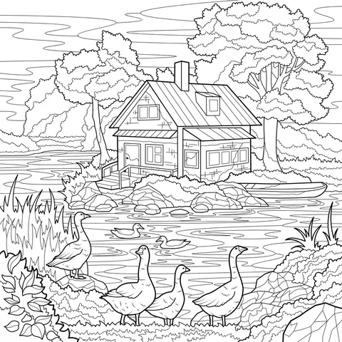 Cottage by the Lake and Flock of Geese