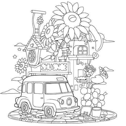向日葵小屋与黄色面包车