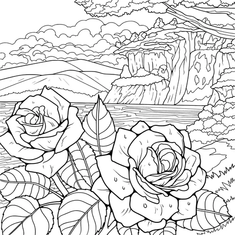 Roses by the Stream and Mountain - Water Scenery