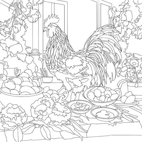 Rooster beside flowers and fresh fruits