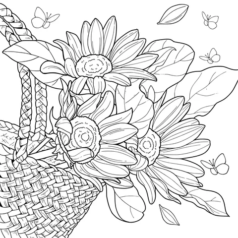 Sunflowers and Butterflies in a Basket