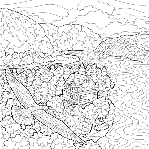 Autumn Lakeside Cottage and Flying Bird