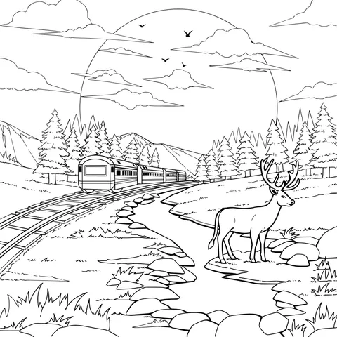 Train and elk in mountain forest under the setting - sun
