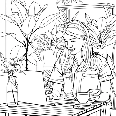 A lady using a laptop surrounded by green plants