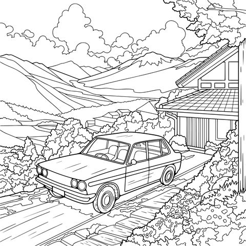 山间小屋旁的蓝色汽车
