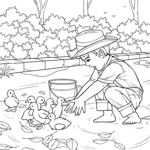 Boy interacting with ducklings