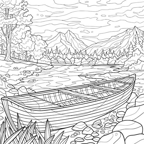 湖畔木舟风景画