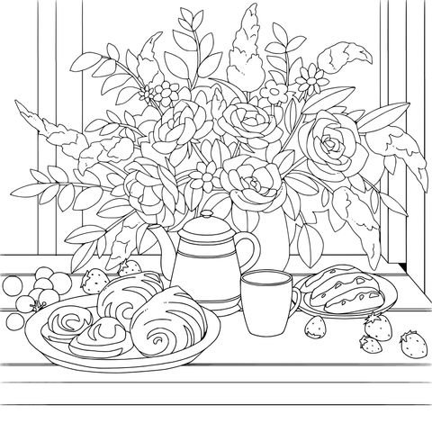 花卉与早餐静物画