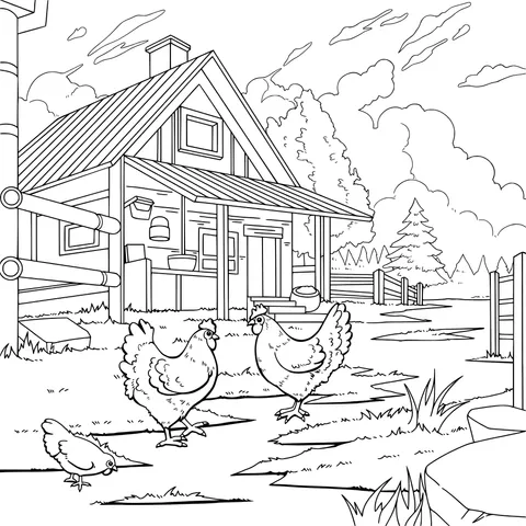 Chickens in Front of a Farmhouse