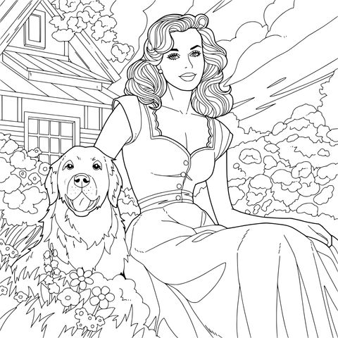 身着粉裙的女士与金毛犬