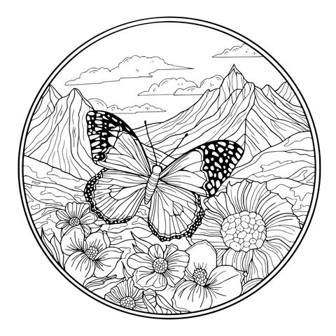 花丛中的蝴蝶与远山