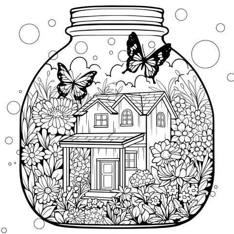 Dreamy Cottage with Butterflies and Flowers in a Jar