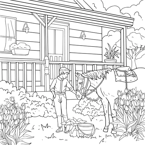 A person interacting with a horse in front of a wooden house