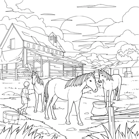 The Ranch and Horses at Sunset