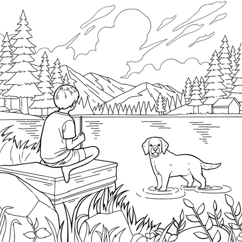Boy and Dog's Lakeside Time